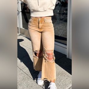 VERVET distressed mustard/tan wide ankle crop Jean